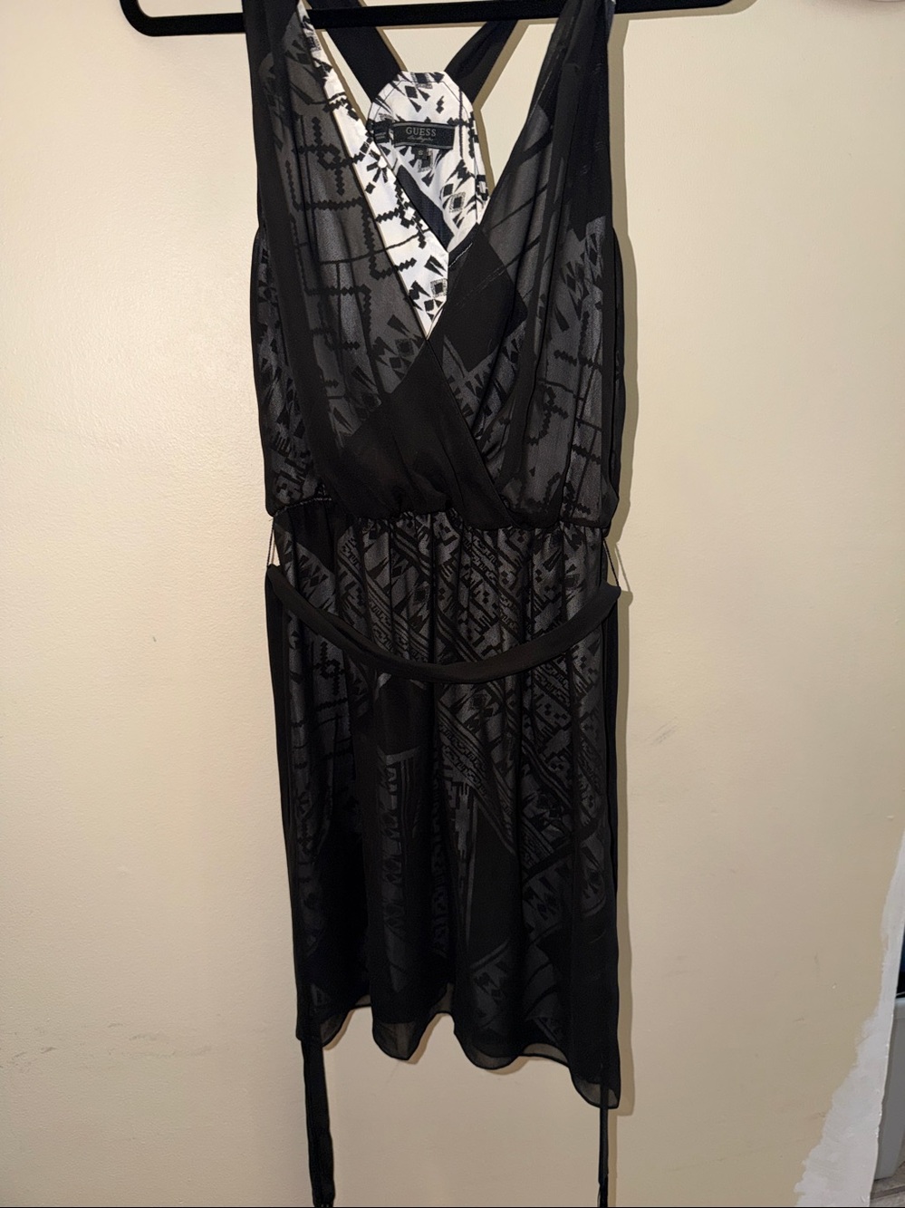 Guess Black Sheer Wrap Dress with White Geometric Lining